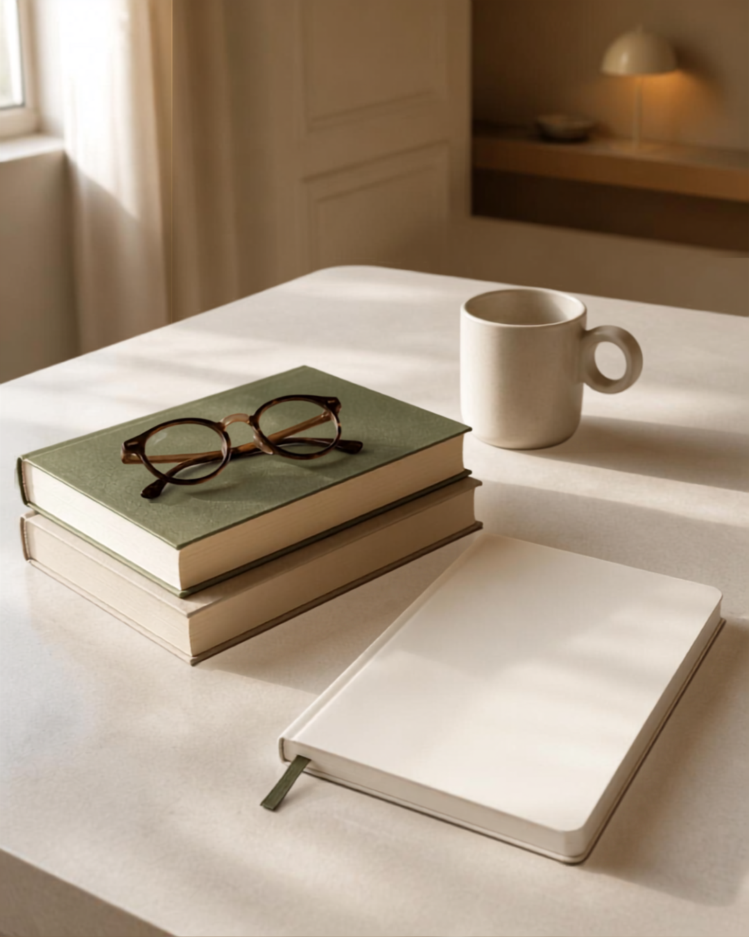 Bücher, Notizbuch und Tasse auf einem hellen Tisch